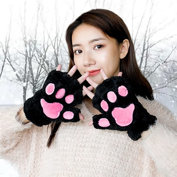2 Pack Fingerless Warm Gloves for Women,Plush Cat Mitten Gloves,Winter - Picture 3 of 5